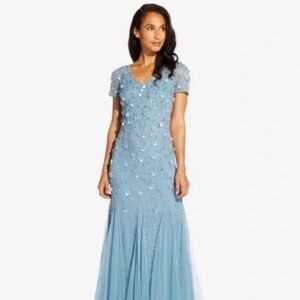 NWT gorgeous Adrianna Papell Beaded Godet Embellished Dress in Air Sky Size 8